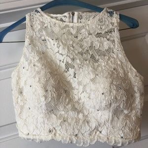 White Lace Two Piece Prom Dress